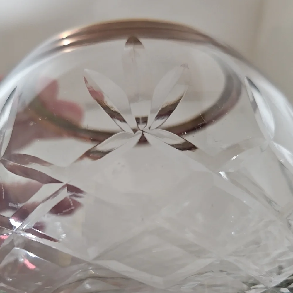 Vintage Hand-Cut Crystal Rose Bowl Vase with Gold Rim
